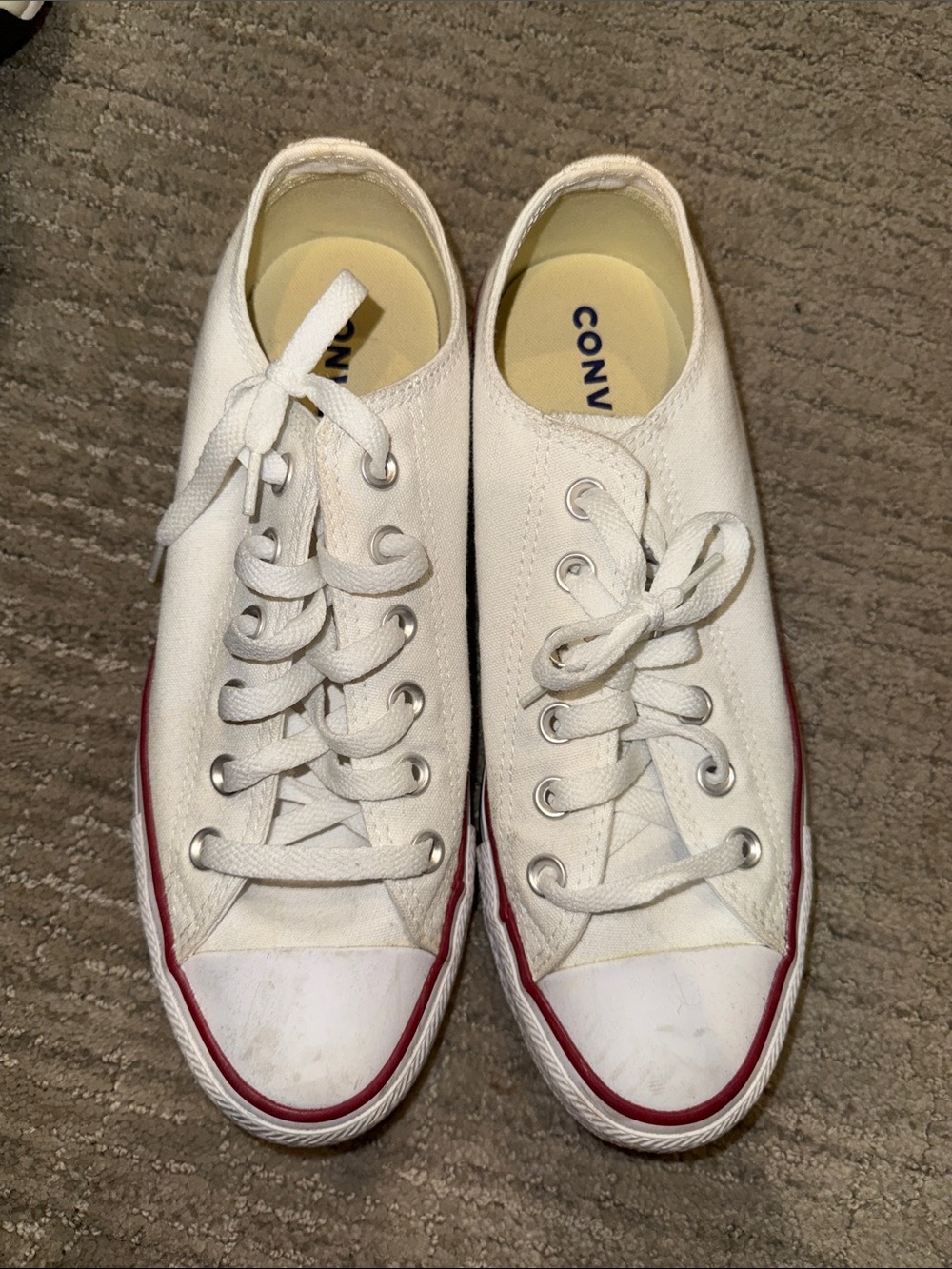 Converse White Low Top Canvas Sneakers with Red Trim -